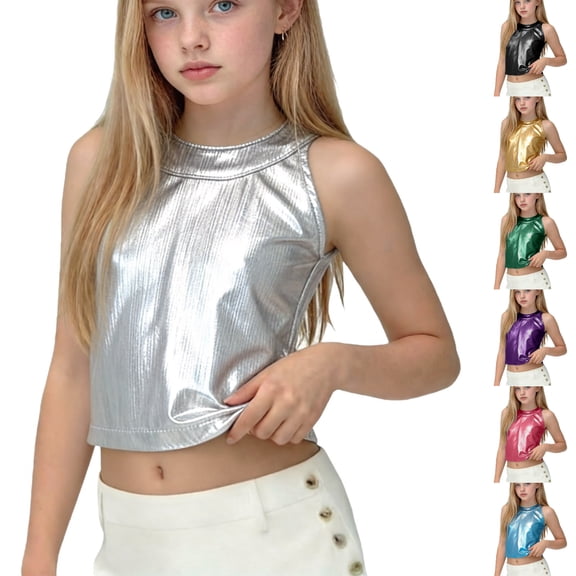 SGFCWSX Girls Cropped Tank Tops Kids Metallic Halter Neck Sleeveless Party Top Silver Size 9-10Years