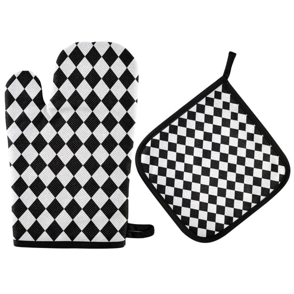 Yayeee Oven Mitts and Pot Holder Set of 2 Heat Resistant Kitchen Gloves Baking Hot Pad, Black and White Geometric