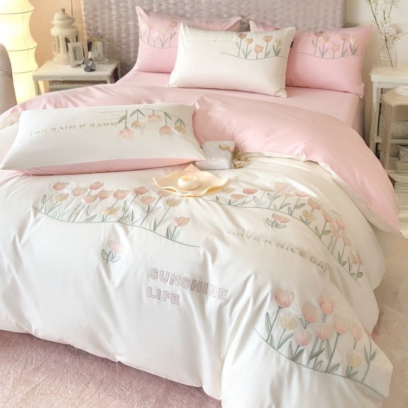 100% Cotton Duvet Cover Set 3Pcs Queen Exquisite Embroidery Pink Comforter Cover 2 Pillowcases Soft Breathable