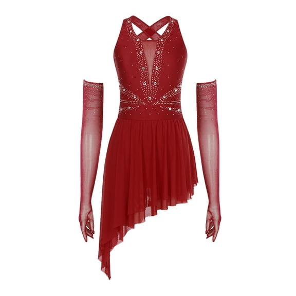 iiniim Womens Shiny Ice Skating Dance Sleeveless Crisscross Back Lyrical Dress Performance Costume with Gloves Burgundy L