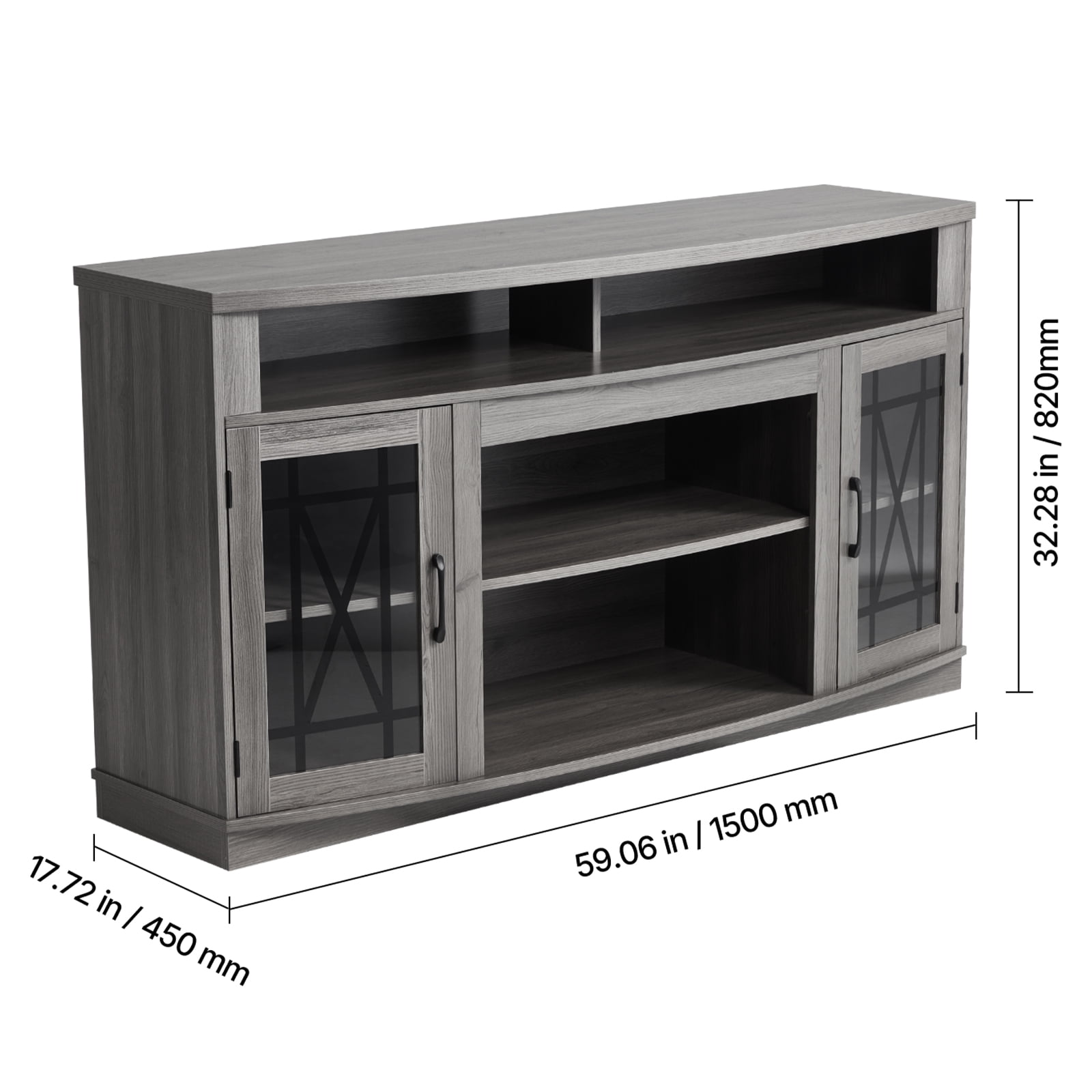 KFFKFF 59" TV Stand for TVs up to 65 Inches, Entertainment Center with LED Light Strip, Wooden Cabinet with Glass Doors and Adjustable Shelves