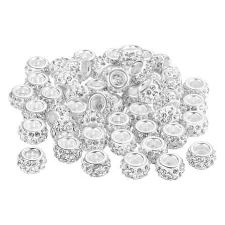 50Pack European Large Hole Beads, Rhinestone Craft Beads, White