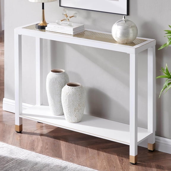 Glass Entryway Table 41 Long Narrow Console Table with Shelves, White and Gold 2-Tier Sofa Table for Living Room, Hallway, Foyer, Entryway, Corridor, Office, Space Saving Entryway Table