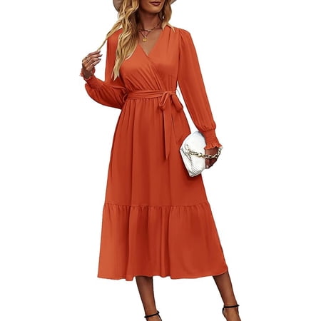 PRETTYGARDEN Women's Maxi Dress Fall Long Sleeve Wrap V Neck Ruffle Flowy Belted Spring Wedding Guest Vacation