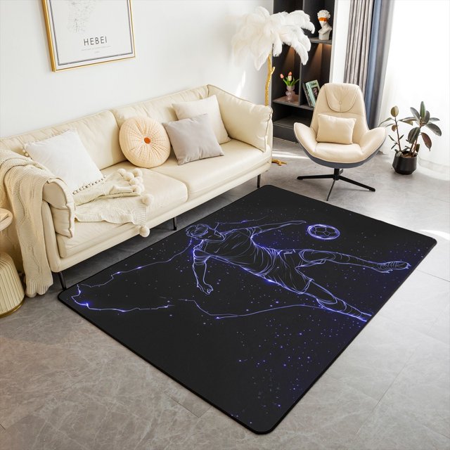 Soccer Player Area Rug 3x5 for Bedroom,Football Game Carpet for Living Room,Neon Sports Player Indoor Floor Mat,Purple Galaxy Decorative Rug Washable
