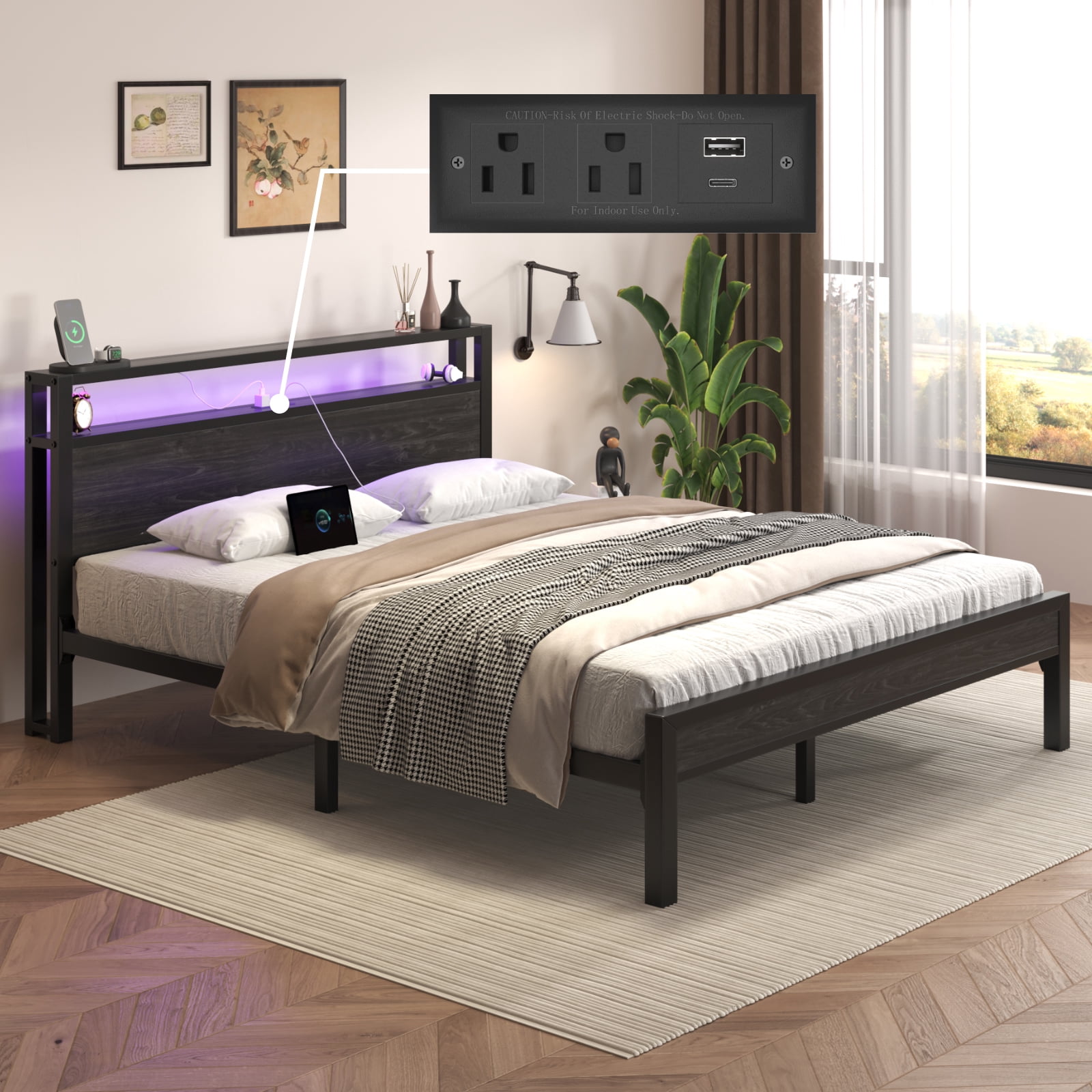 Queen Size Bed Frame with Storage Headboard, Metal Platform Bed with LED Lights & Charging Station, Heavy Duty Metal Slats, Black