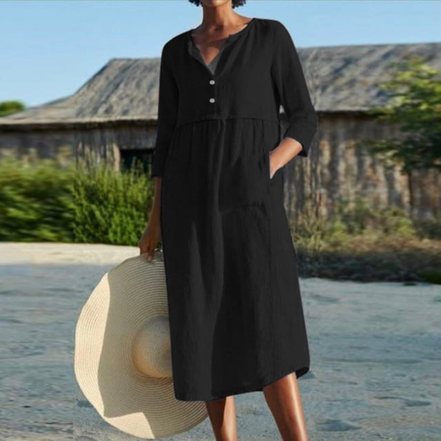 Pisexur Robe à Manches Courtes Col Rond Longueur Genou Mode Femme Solide Décontractée Col Rond Boutons Poches Robe Manches 1/2 Robe Femme