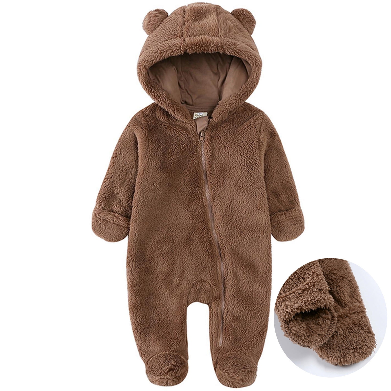 ZCFZJW Newborn Bear Fleece Footie Warmer Snowsuit Cute Cotton Thermal Long Sleeve Hooded Romper Onesies Jumpsuit for Toddler Baby Girls Boys Brown 0-3 Months