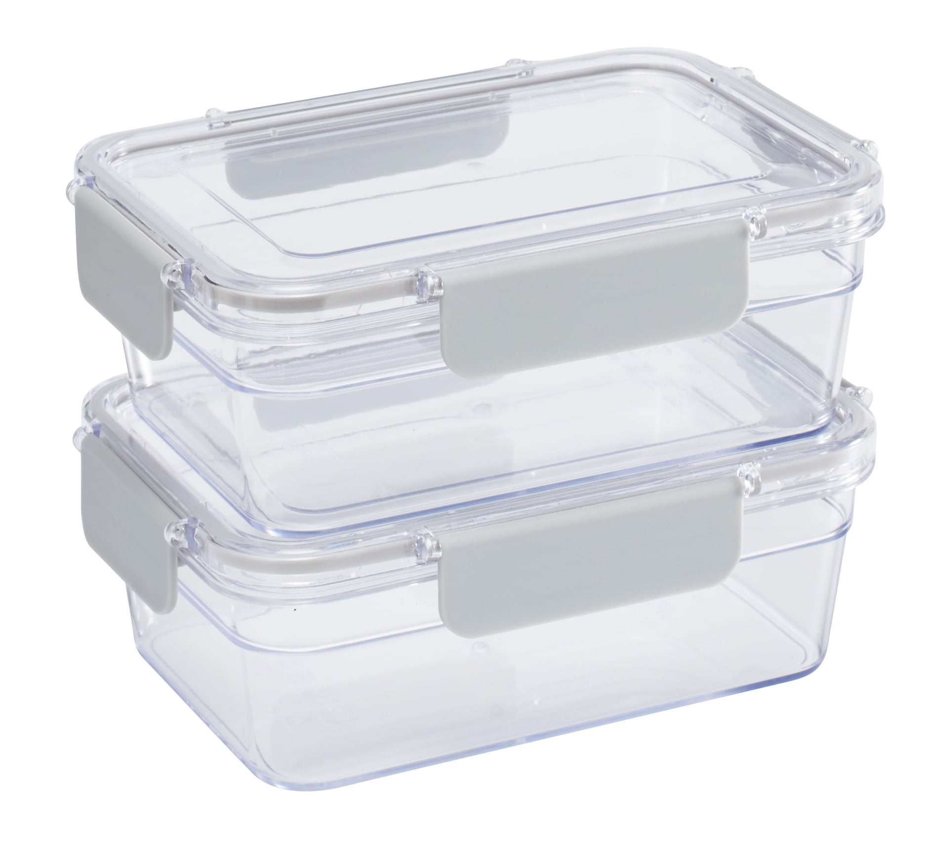 Mainstays 2PK 1L Rectangular Tritan Food Storage Container, Clear Lid & Container, Light Grey Latches