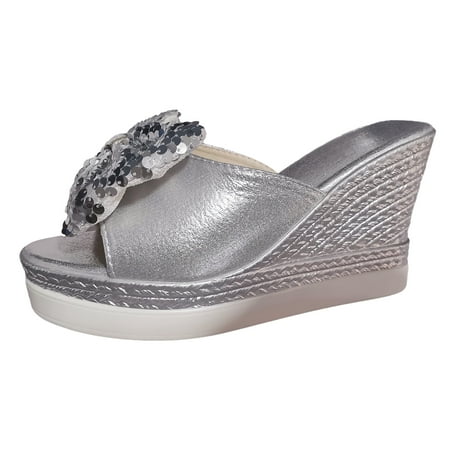 

YUHAOTIN High Heels Ladies Sequins Bowknot Slope Heel High Heel Thick Bottom Large Size Sandal Slippers High Heels for Women Boots Boho Sandals for Women 2024