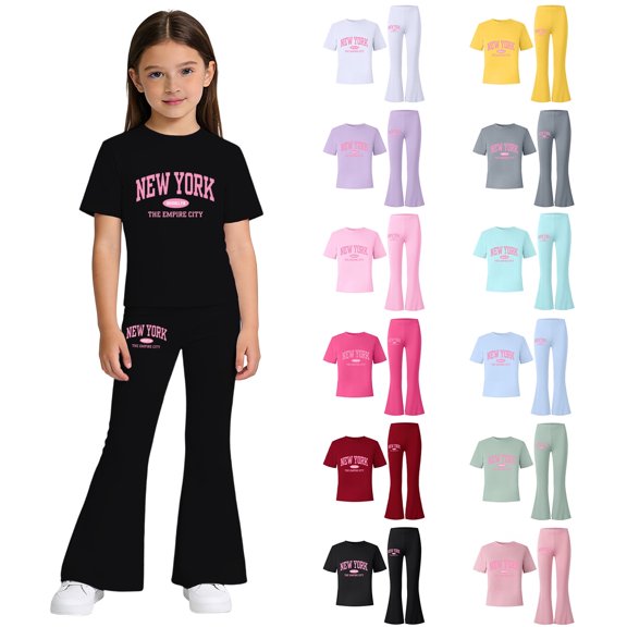 LRen Summer Outfits for Girls Size 6 Cartoon Print Short Sleeve T Shirt Tops and Flare Pants Outfits Set Round Neck Loose Fit Shorts Beach Playwear Outfits Preppy Clothes