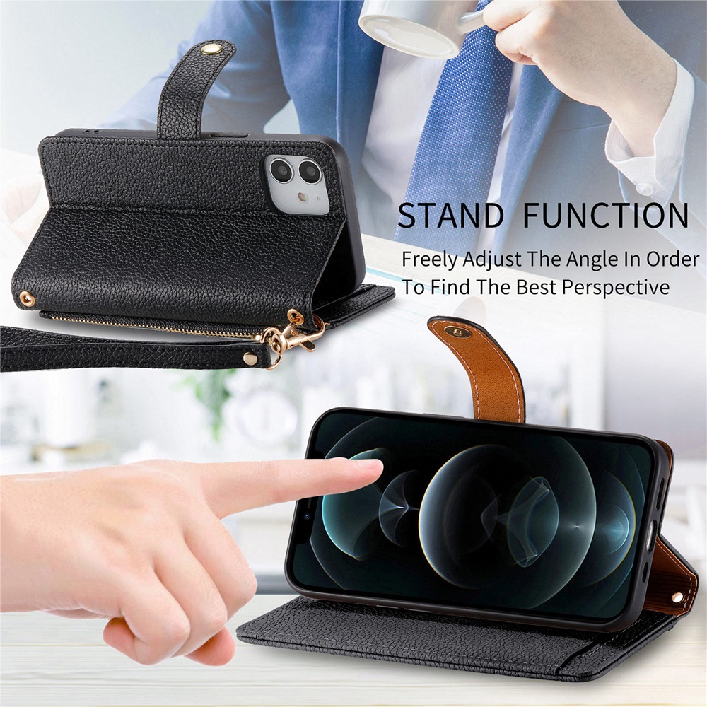 For iPhone 12 Pro Leather Phone Case Wallet Zipper Pocket Pouch Folio Flip Cover Kickstand, Multi Anti-theft Card Holder Cash Slot, Double Magnetic Buckle, Wrist Lanyard,Black,For iPhone 12 Pro