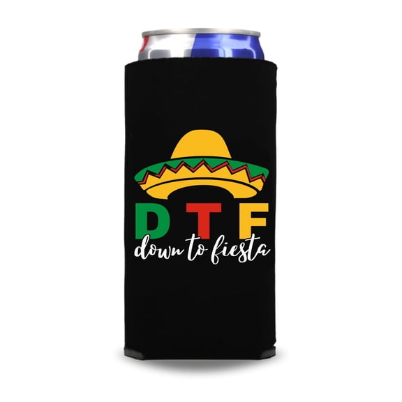 Funny Cinco de Mayo Slim Coolers, Down To Fiesta Spiked Seltzer Coolies, DTF Skinny Coolies, Funny Party Gifts and Favors, Drink Accessory (Black)