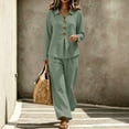 thumbnail image 3 of Women's Casual 2 Piece Tracksuit Outfits Lapel Long Sleeve Tunic Shirts and Loose Wide Leg Flowy Pants Soft Daily Loungewear Sets Army Green, 3 of 7