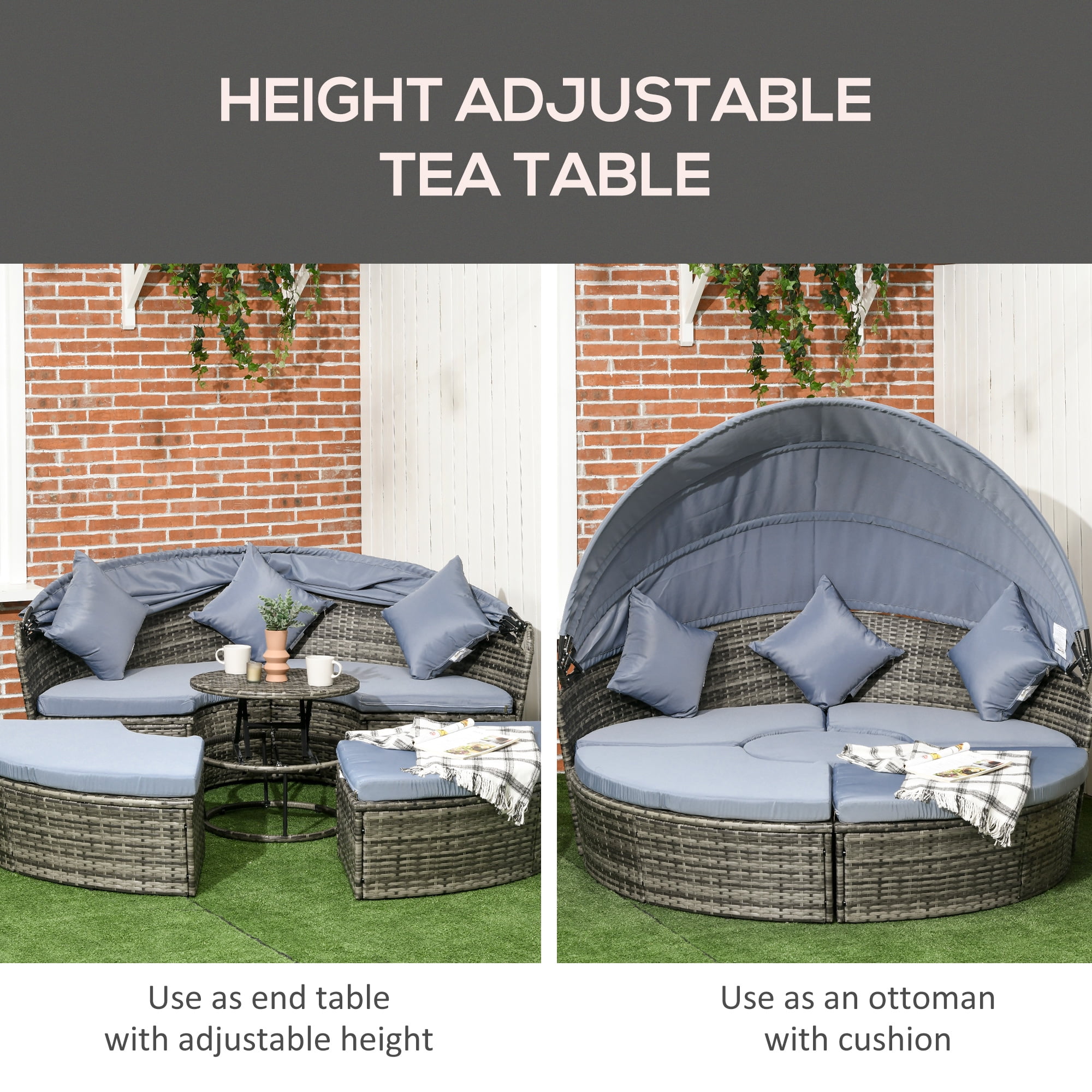 Outsunny 4pc Rattan Patio Furniture Set, Sectional Outdoor Sofa Set with Adjustable Sun Canopy, 2 Chairs, Extending Tea Table, Pillows, Light Gray