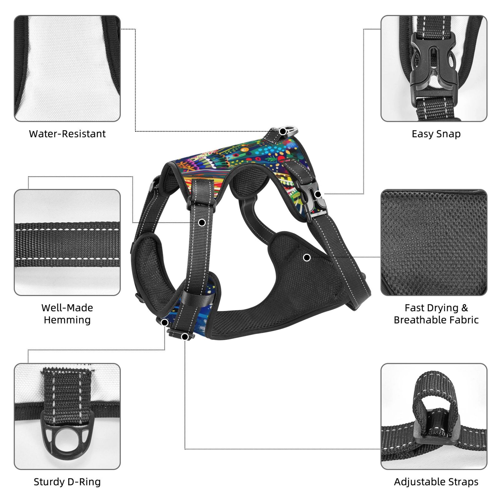 Kdxio Colorful Floral Forest Fairy Print No Pull Dog Harness Adjustable Reflective Oxford Easy Control Medium Large Dog Harness for Training and Everyday-X-Large