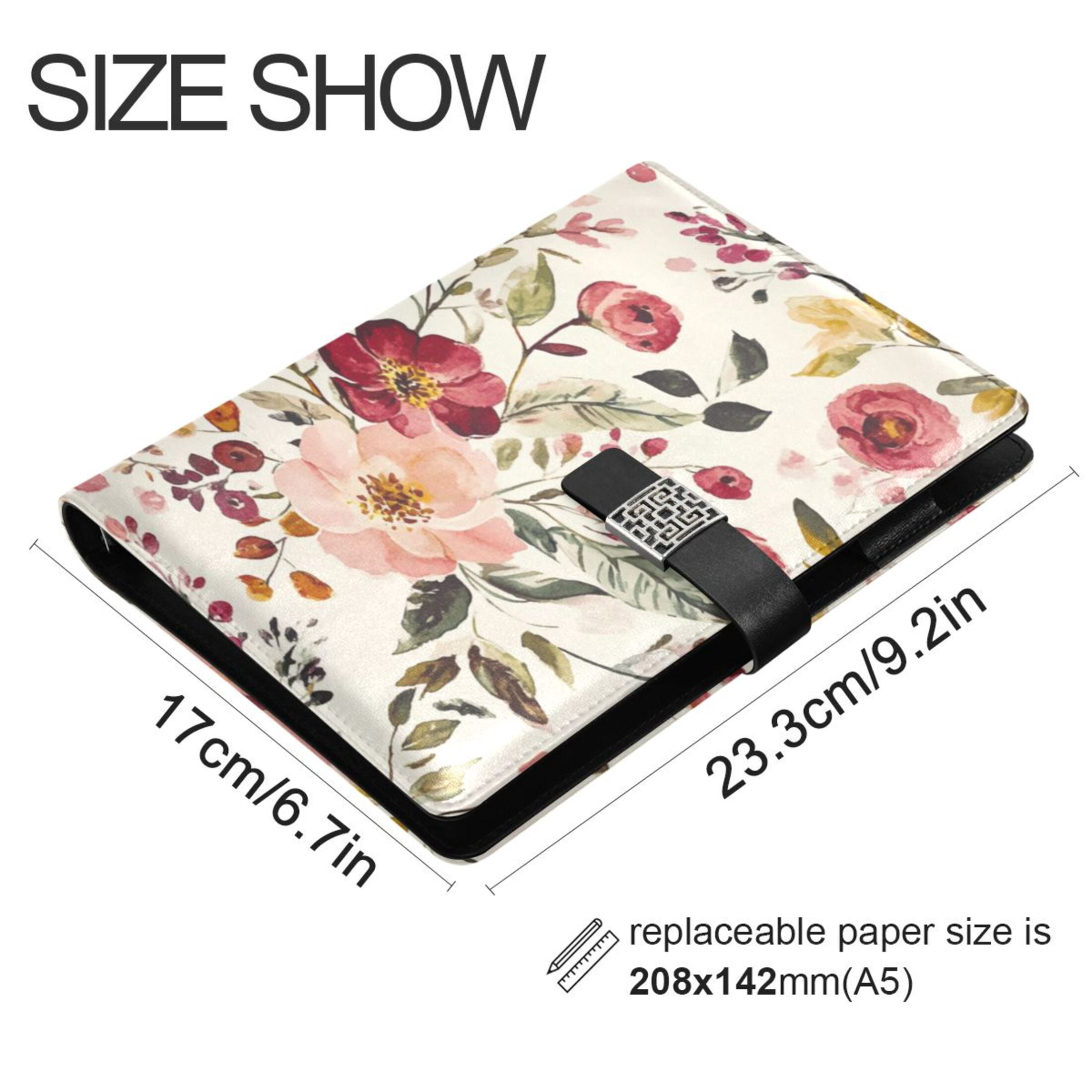 9.2x6.7 inch Leather Notebook 100 Sheets, Multi-Pocket Design & Pen Loop Vintage Floral Print Pattern Refillable Journal Organizer