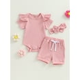 thumbnail image 2 of Coduop Toddler Baby Girls 3 Piece Clothes Set Short Sleeve Ribbed Romper Shorts and Hairband, 2 of 7