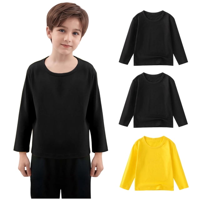 Cowsor T-Shirts de Base en Coton pour Enfants, Lot de 3, Filles Garçons, T-Shirt à Manches Longues Col Ras du Cou, Haut Décontracté Uni, T-Shirt Doux et Confortable