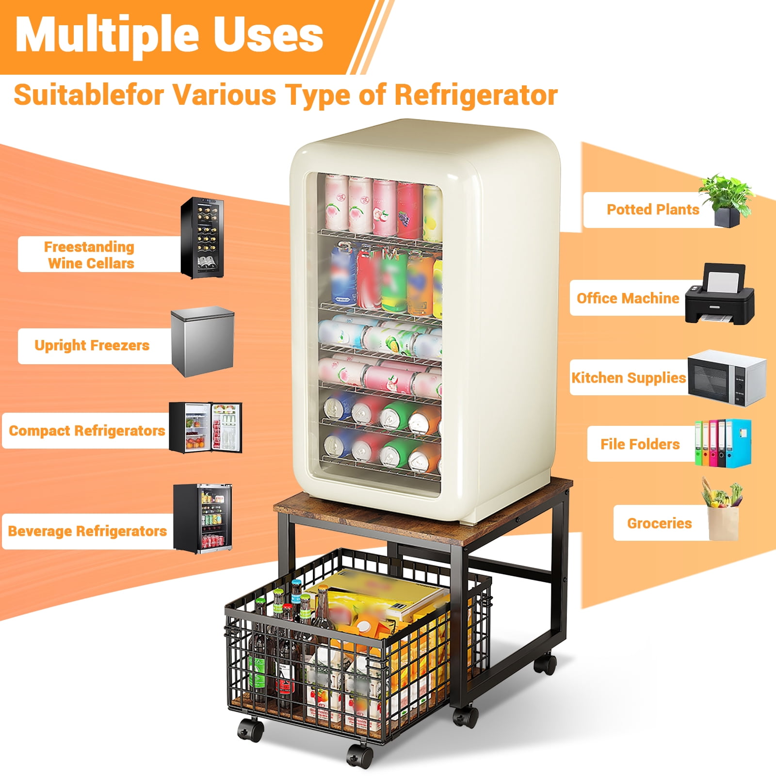 Mini Fridge Stand with Movable Storage Cart & Swivel Wheels, Mini Fridge Stand on Wheels, Adjustable Feet & Heavy Duty Metal Frame (Holds 198 Lbs) for Home, Office, Dorm, Coffee Bar