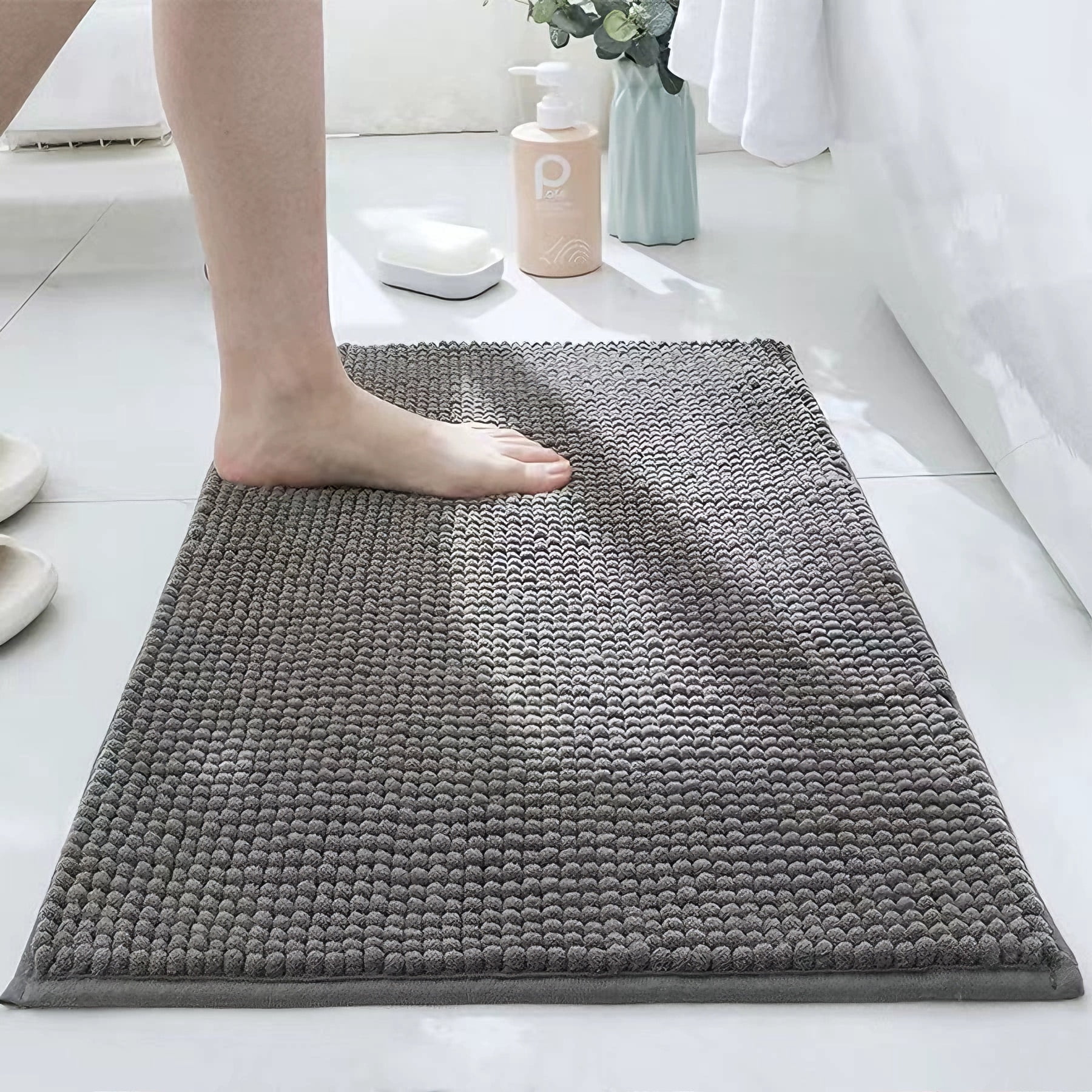 3 Pieces Bath Mat Set, Soft Chenille Bathroom Rugs Mat, Absorbent Spa Shaggy Bath Rugs Set, Machine Washable & Non Slip Bath Mats for Bathroom, Tub, Shower（Dark grey）