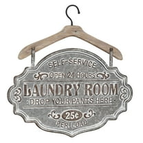 DecMode Gray Farmhouse Antique Style Metal Hanging Wall Décor Sign, 22"W x 22"Features Self-Service, Open 24 Hours, Laundry Room Typography