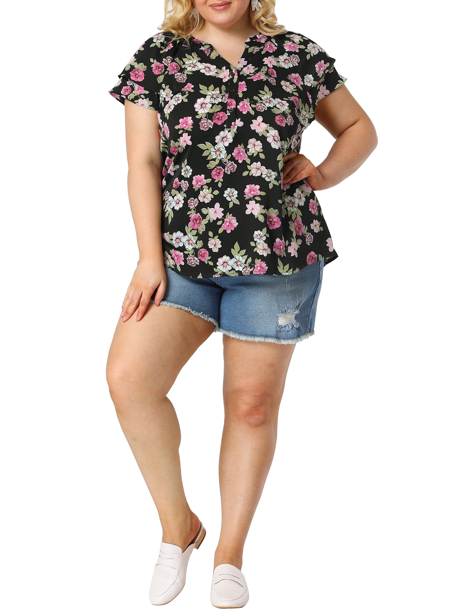 Unique Bargains Women's Plus Size Layered Sleeve V Neck Floral Tops Tunics 4X Black
