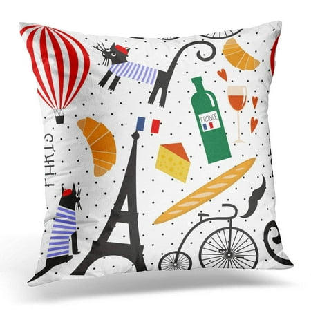 ARHOME French Culture Symbols on Polka Dots Funny Paris Wine Eiffel Tower Baguette Retro Bicycle Mustache Cheese Pillow Case Pillow Cover 20x20
