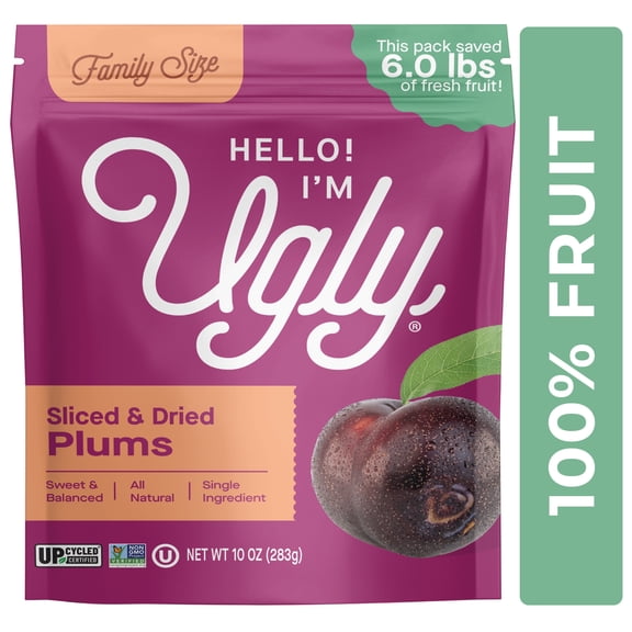 Hello! I'm Ugly Dried & Sliced Plums, No Sugar Added Snacks, Unsweetened Dried Fruit, 10 oz
