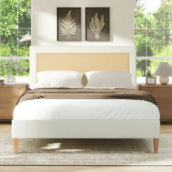 Bed Frame Upholstered Cane-Back Platform Bed, Queen, Antique White Polyester