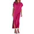 thumbnail image 4 of Lucakuins - Vestido de playa informal de verano para mujer, color sólido, manga corta de murciélago, cuello redondo, vestido dividido Lucakuins  moda, 4 of 8