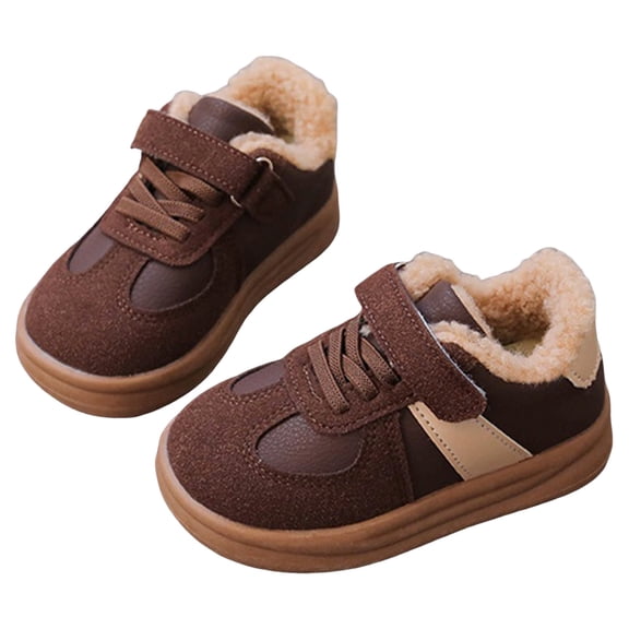Toddler Boys Girls Winter Flat Shoes Fuzzy Lined Hook and Loop Walking Shoes Casual Nonslip Splice Suede Sneakers Brown 9.5 Toddler