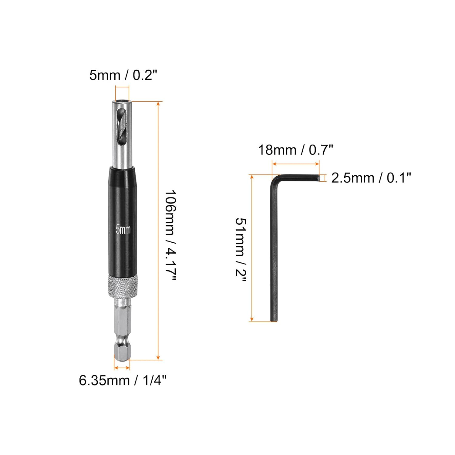 FRKSMD-Self Centering Drill Bit Set 5mm, 1/4" Hex Shank Drilling Bits for Wood Working, Cabinet Door Hinge Hole Punch Tool Self Center with Hex Keys L-Shaped, Black