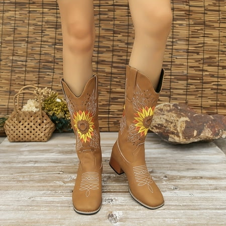 

YANGKJ Stylish Women‘s Retro V-Cut Square Toe Cowboy Boots with Sunflower Embroidery Chic Mid Calf Western Boots for Pull On Fashion Statement