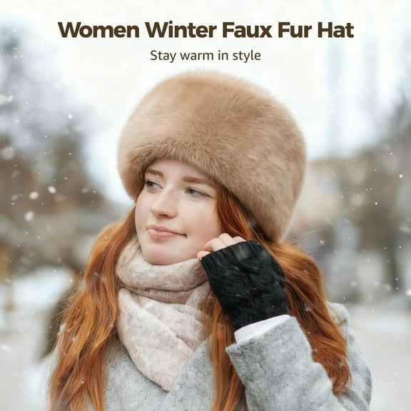 Women's Winter Faux Fur Hat, Warm Russian Style Hat, Fur Warm Bucket Hat for Women, Head Circumference: 21.3-22.8 in, Furry Russian Bucket Hat for Winter