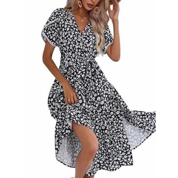 Jaimenalin Women'S Floral Long Dress Short Sleeve Wrap V Neck Ruffle Long Flowy Beach Dresses 109102