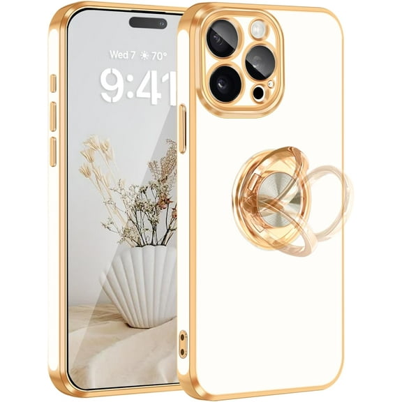 iPhone 15 Pro Case[with 360°Rotatable Ring Holder Stand][Support Magnetic Car Mount][Shiny Plating Gold] Slim Thin Soft TPU Shockproof Protective Case for iPhone 15 Pro for Women Men Boys,White