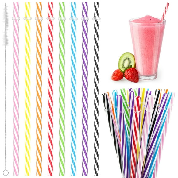 Gotydi 24Pcs  Hard Plastic Drinking Straws Reusable with Cleaning Brush Assorted Color Candy-Striped Straw Straight Straws Diameter 0.3inch for Home Party Wedding