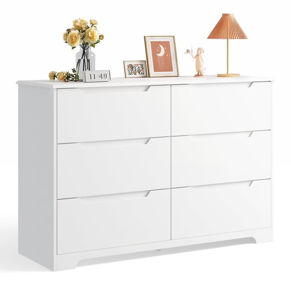 Dresser for Bedroom, Lofka 6 Drawer Double Dresser with Cutout Handles, Large Storage Capacity, Anti-Tip Safety, Modern Wood Chest of Drawers, Smooth Metal Rail, White