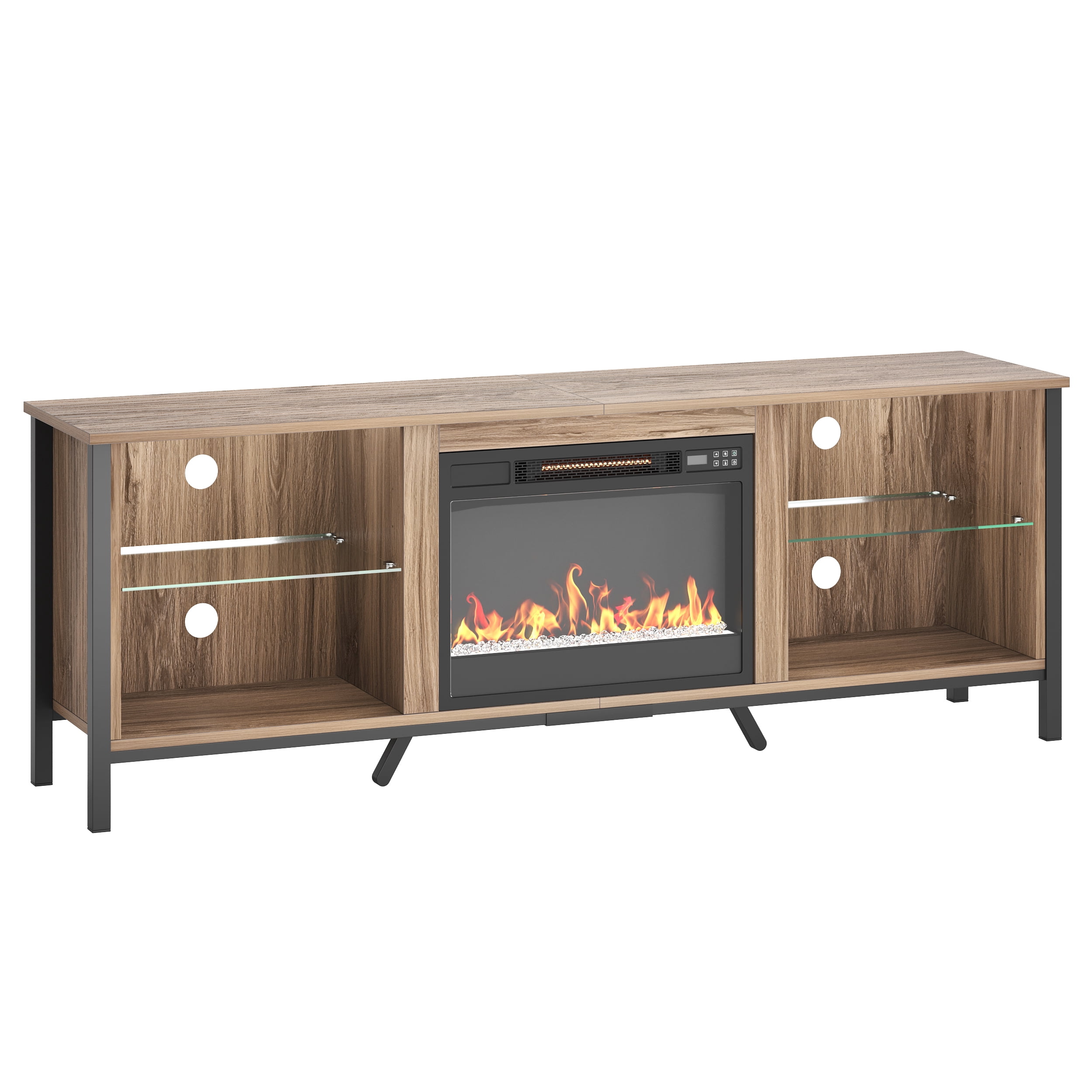 Bestier Modern Electric Crystal Fireplace TV Stand with LED Lights for TVs up to 80", Entertainment Center with Glass Shelves,Pinewood