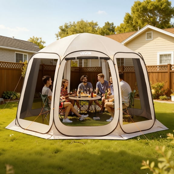 VEVOR Screen House Tent, 12 x 11 ft, 10-12 Person Pop Up Screen Tent, Portable Screened in Canopy with Carry Bag, Netting Sides, Ground Stakes, for Garden, Patio, Backyard, Outdoor Activities, Beige
