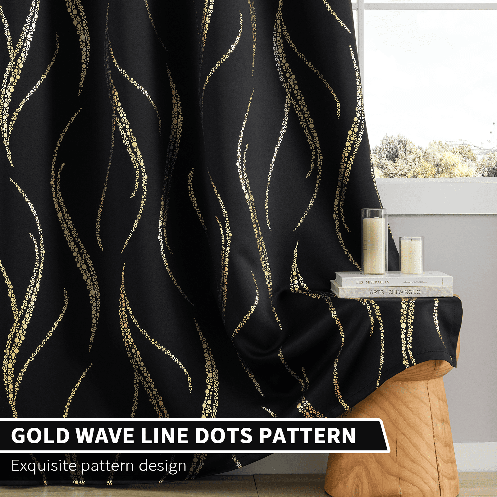 Yakamok Blackout Curtains for bedroom - Wave Line with Dots Gold Print Design Noise Reducing Thermal Insulated Solid Ring Top Blackout Window Drapes for Livingroom (2 Panels, 52 x 63 Inch, Black)