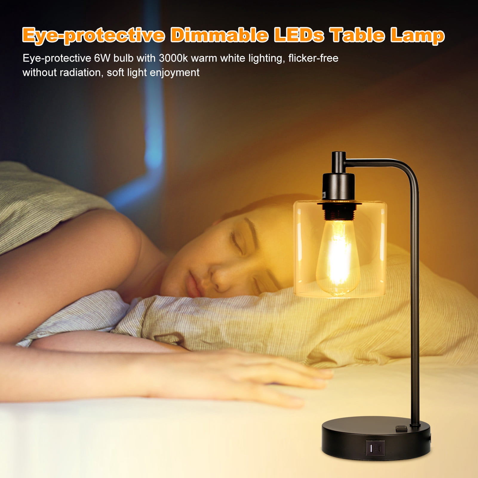Nosilbek  Industrial Touch Table Lamps for Bedrooms Set of 2, 3-Way Dimmable Nightstand Lamps with USB C+A Ports and Outlet, Black Bedside Lamps with Glass Shade for Living Room Home Office