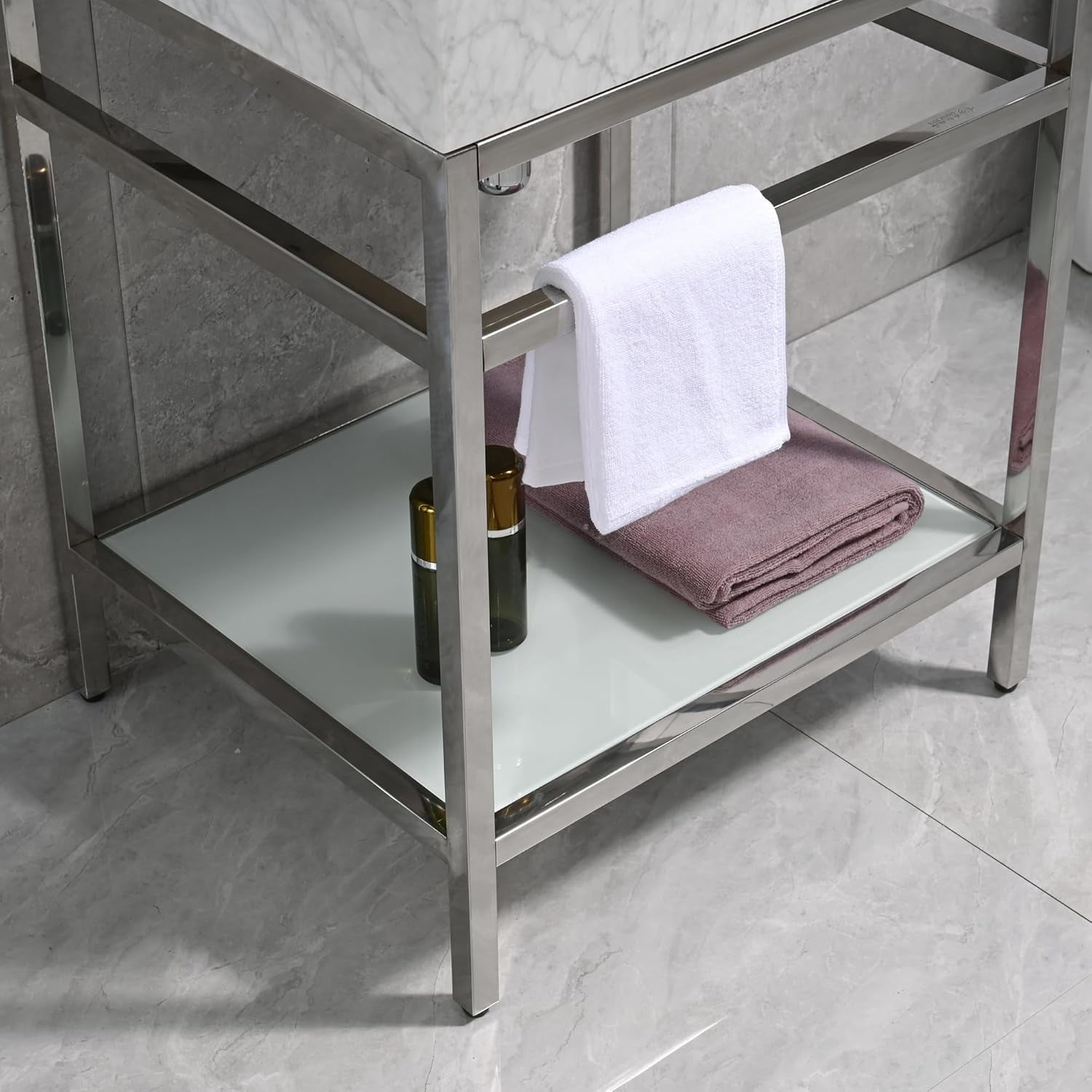 GGISHA 24"x 21"Freestanding Bathroom Vanity with Sink,Carrara Marble,Silver Frame,Tempered Glass Shelf