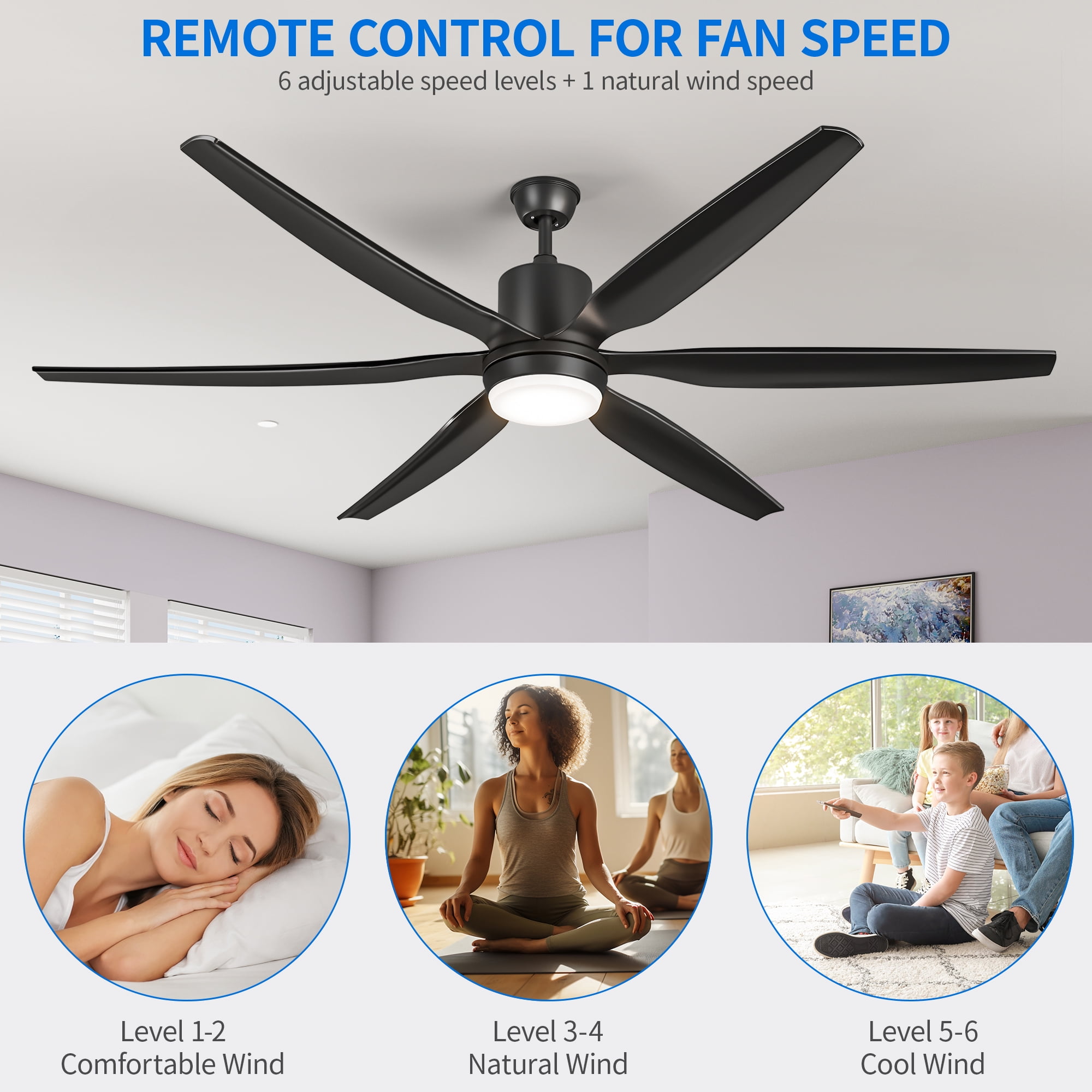 Uforic Modern 66" 6-Blade Ceiling Fan with LED Light, 6-Speed Reversible Outdoor Ceiling Fan for Patio, Quiet DC Motor, App & Remote Control (Black)