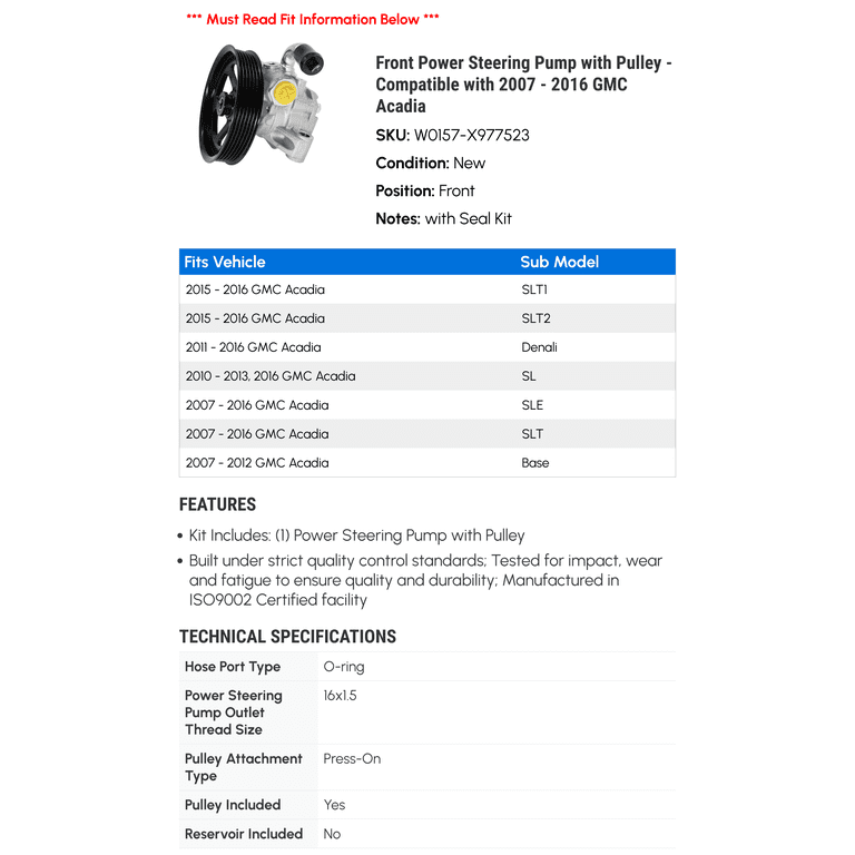 Chefull Power Steering Pump With Pulley For Buick Enclave, Chevy Traverse, GMC Acadia 2007-2017