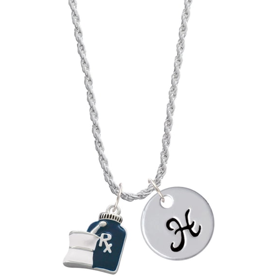 Delight Jewelry Silvertone Blue Prescription Bottle Silvertone Script Initial Disc - H - Charm Necklace, 20"+3"