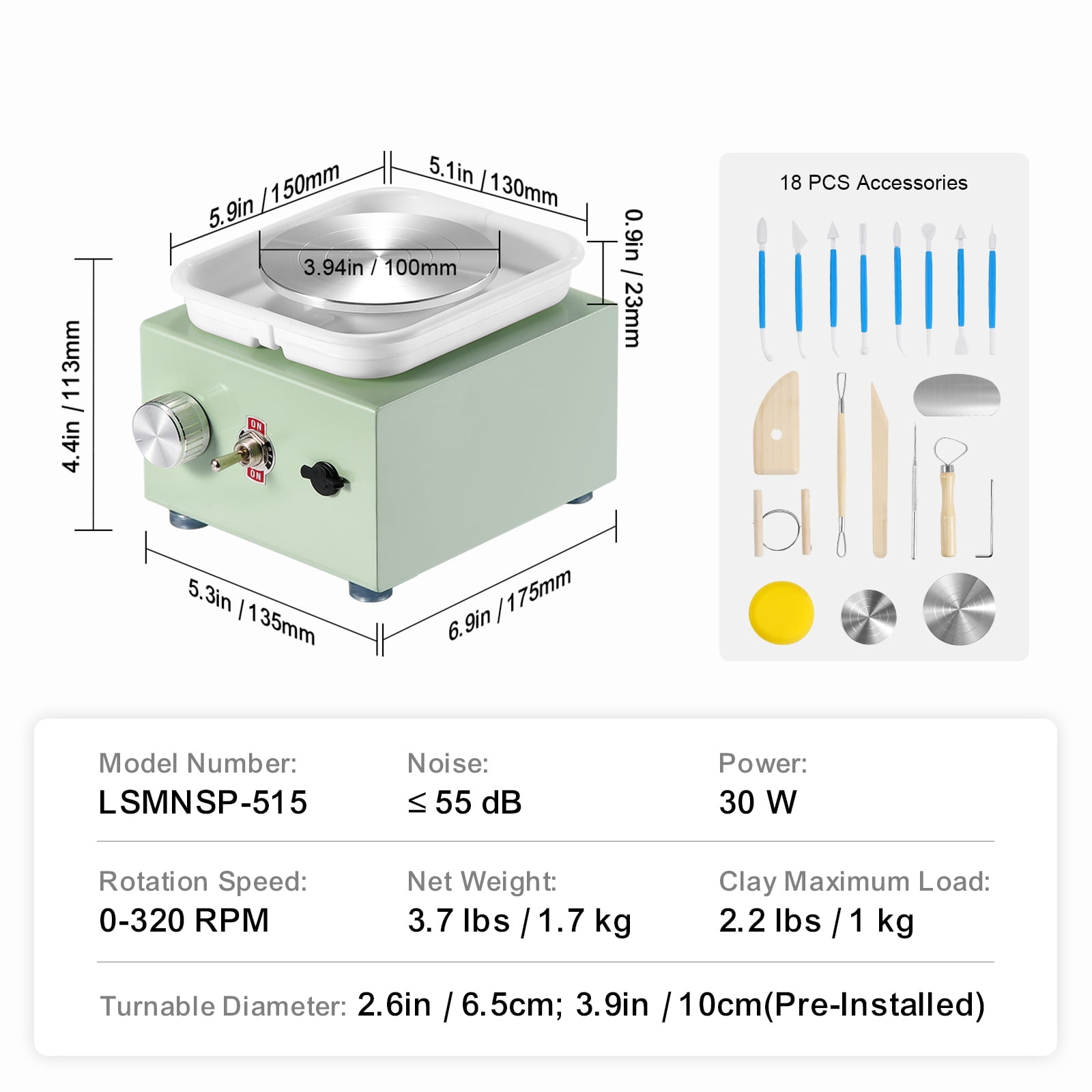 KFFKFF Compact Clay Wheel, Speed Range 0-320RPM with Removable Tray, 2.56in/3.94in Dual Electric Ceramic Disc Machine, 18-piece Tool Set, Ideal for Artistic Creations and Home Projects, Green