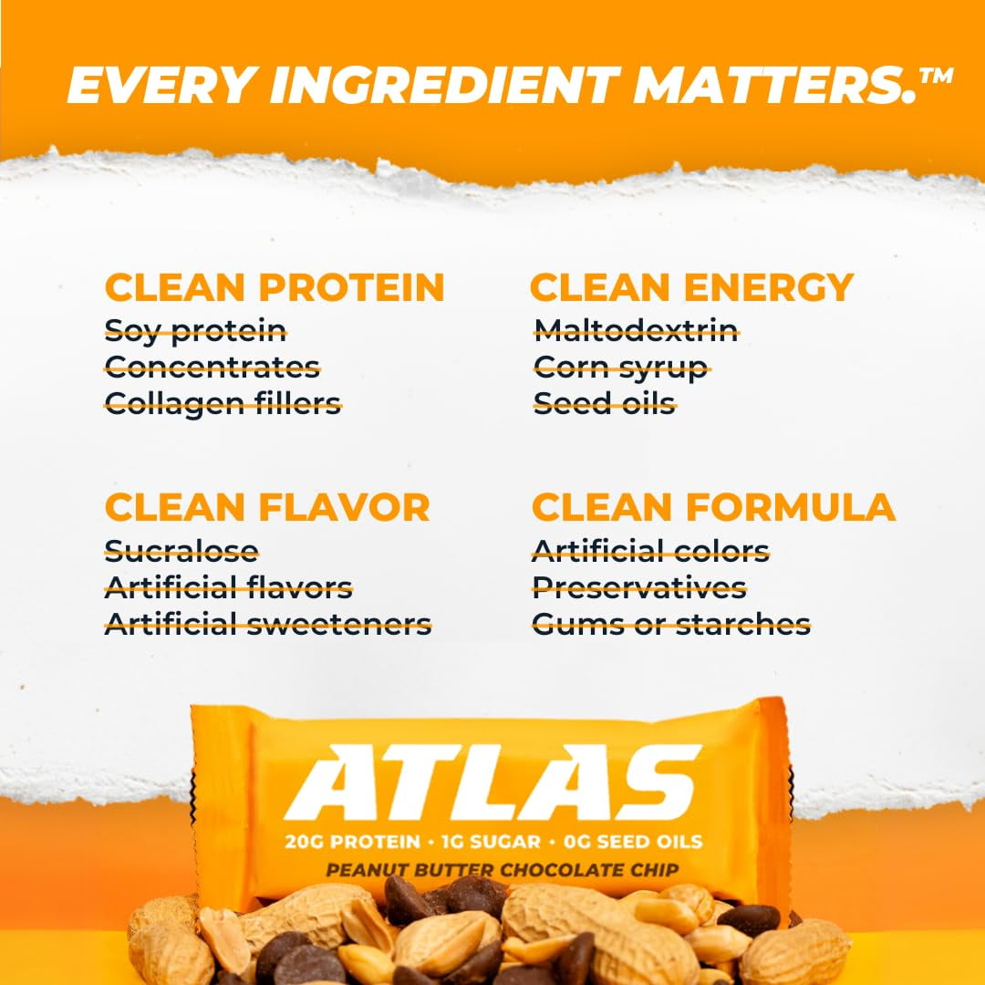 Atlas Protein Bar, Peanut Butter Chocolate Chip, 20g Protein, 1g Sugar, 0g Seed Oil, 12-Pack