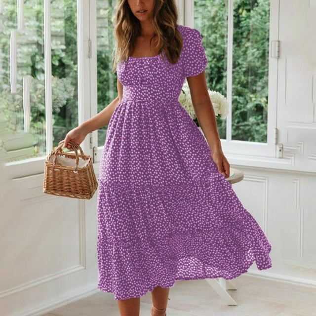 Femmes Été Manches Courtes Col Carré Coton Ébouriffé Vintage Élégant une Ligne Fluide Robes Longues